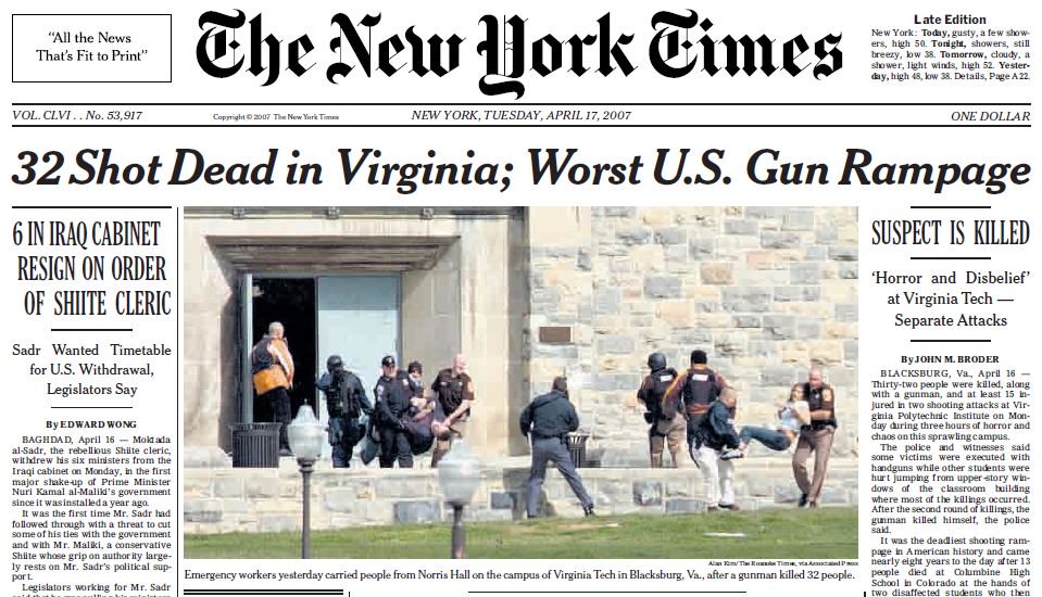 The New York Times on this date April 17 in 2007: Mass shooting at Virginia Tech. #OTD