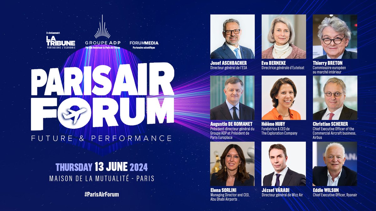 ✈️#ParisAirForum Rejoignez les grands acteurs de l'aéronautique, du spatial et de la défense pour une journée de réflexion et d'innovation ! Façonnons l'avenir de ces industries et relevons les défis environnementaux. RDV le 13 Juin à la Maison de la Mutualité à #Paris. 🎫👉