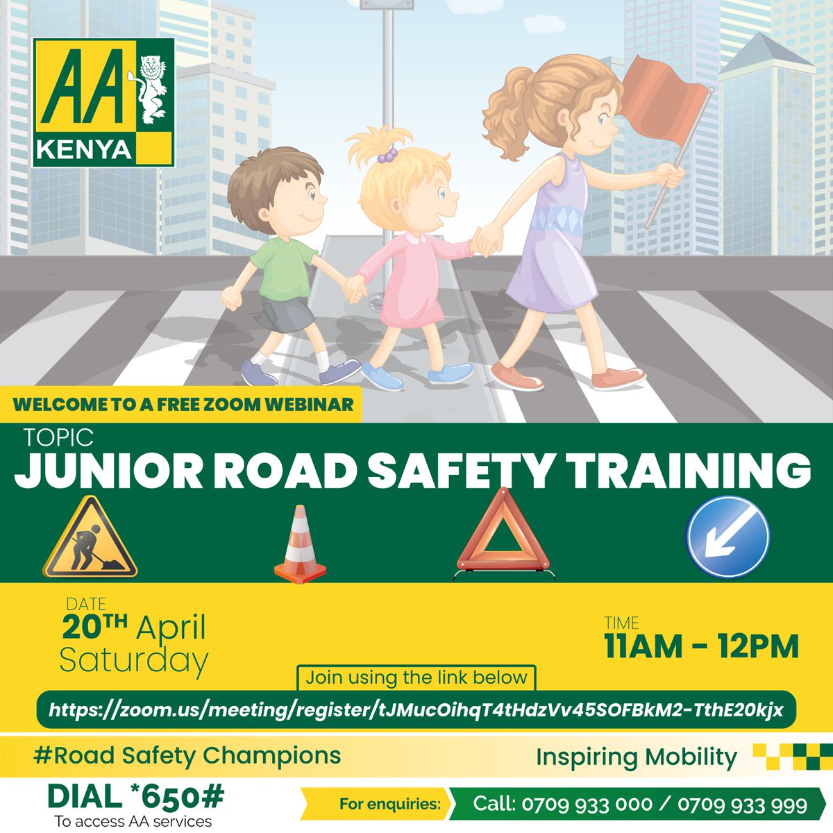 Parents, it's time to turn your kids into Road Safety Heroes! Join them in AA Junior Road Safety Training online on Sat, 20th April 2024, from 11:00 am to 12:00 pm. Let's teach them how to stay safe on the road champions of road safety. Register here: bit.ly/3WkS9kD