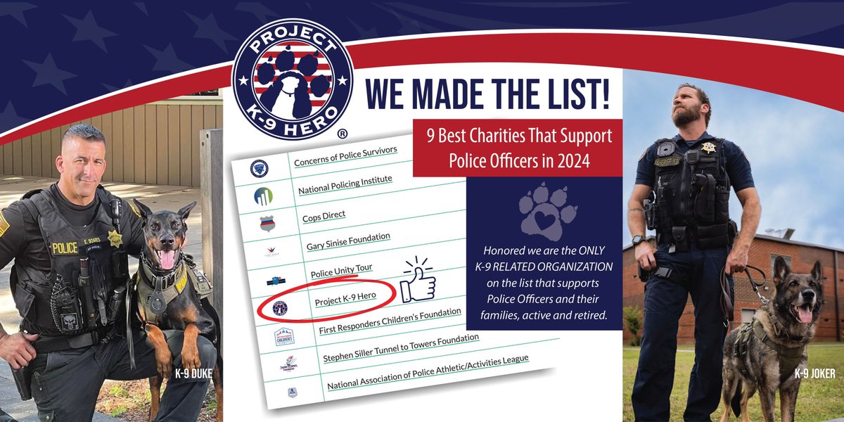 Did you know that Project K-9 Hero made the list of the 9 Best Charities That Support Police Officers for 2024? Read the full-story at: projectk9hero.org/blogs/news/new…