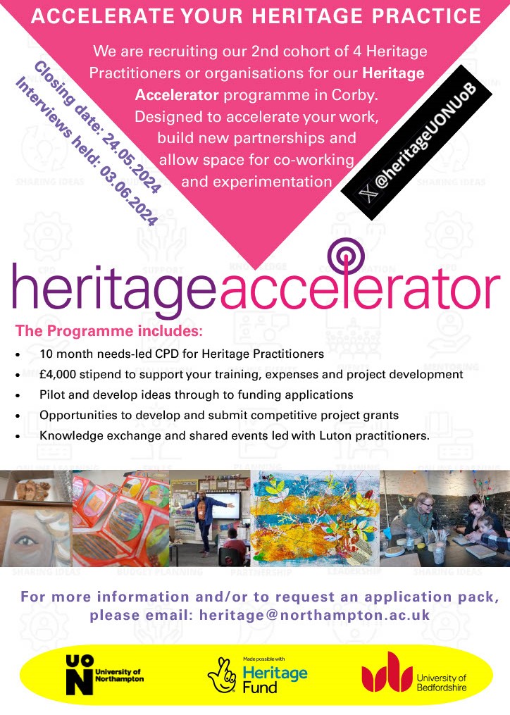 heritageUONUoB's tweet photo. We're supporting more #Corby practitioners/organisations in the #heritage sector (+£4000 stipend), Apply to our #HeritageAccelerator by emailing: heritage@northampton.ac.uk Funded by
@HeritageFundUK
@HeritageFundM_E
in partnership w
 @UniNorthants
@uniofbeds
@UniNhantsNews https://t.co/UusaOouIhl