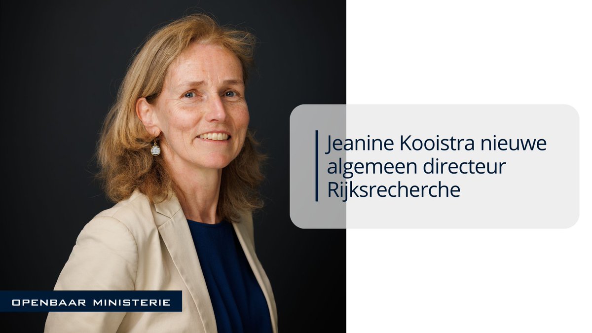 Jeanine Kooistra wordt vanaf 15 juni 2024 de nieuwe algemeen directeur van de Rijksrecherche. Zij volgt hiermee Arthur van Baalen op, die per 30 juni 2024 afscheid neemt.