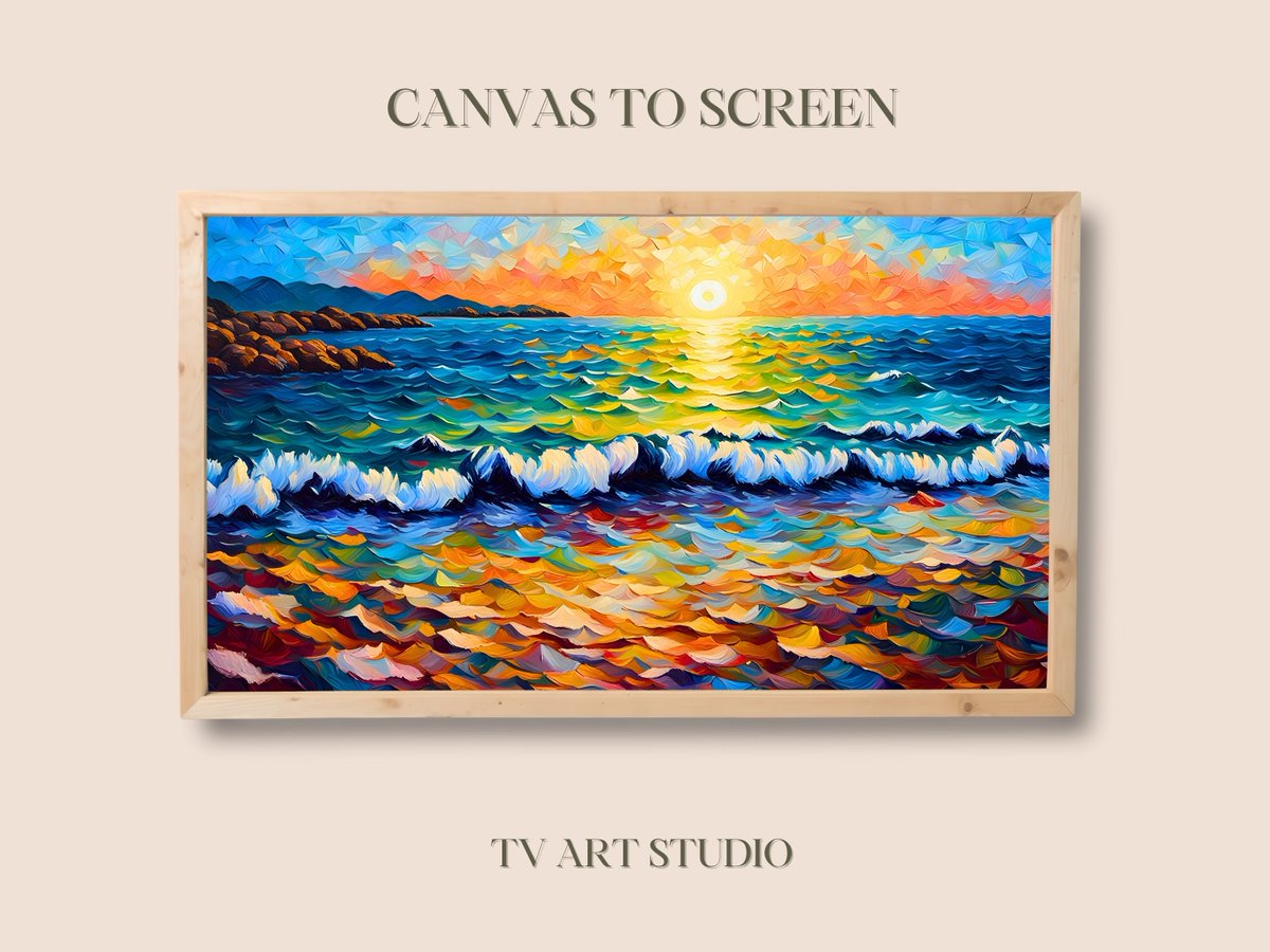 Frame TV Art - Digital Download Sunset Painting - Ocean Waves - Pink, Orange, Purple Sky - TV art for Samsung Frame Tv - 4K TV Wallpaper tuppu.net/34aa66e7 #CanvastoScreen #Etsy #OceanWaves