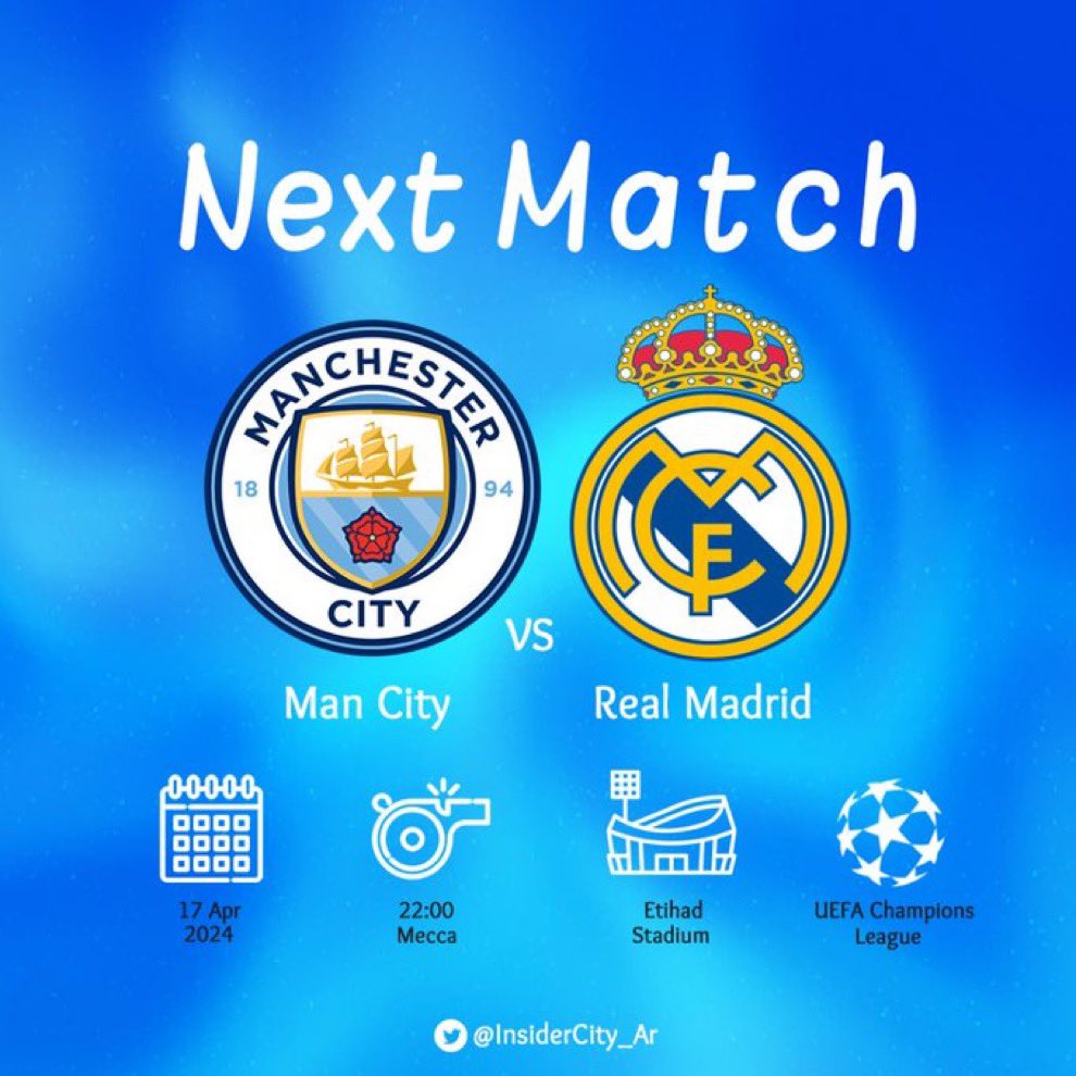 📅| الأربعاء 17 أبريل 2024 . ⚽| مانشستر سيتي VS ريال مدريد . 🏟| ملعب الاتحاد. 🏆| دوري أبطال أوروبا ⏰| 22:00 ( توقيت مكة). 📺| بين سبورت 1/ 4k 🎙️| حفيظ دراجي #مانشستر_سيتي #السيتي