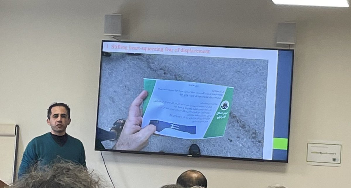 Incredible talk by Mahmoud Khalaf, PhD student at MIC today. A deeply moving talk illustrating the horrors ongoing in Gaza.  ‘It feels like a continuous earthquake’. Picture shows leaflets given warning of airstrikes. #TLC4P #CeasefireNOW