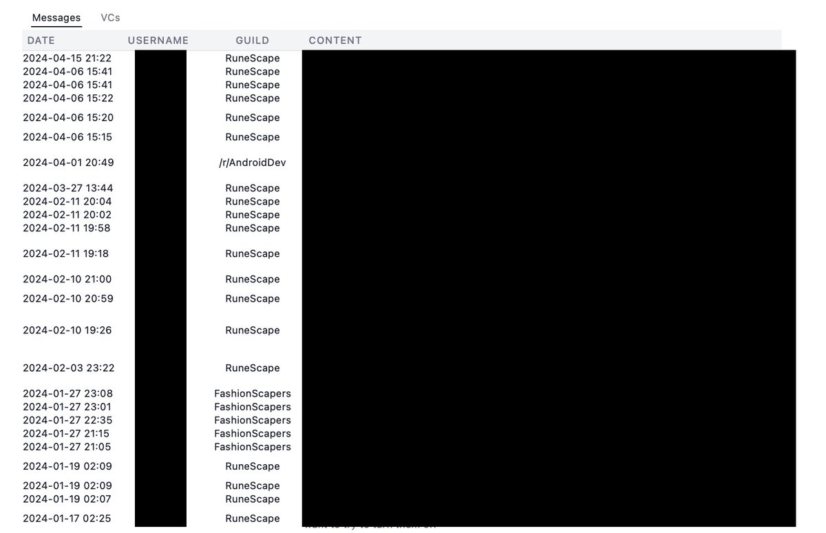 josephfcox's tweet photo. New from 404 Media: a spy site is scraping Discord, archiving users’ messages/activity across servers including what voice channels they join, and then selling access to that data for as little as $5. We tested it out, it works. Discord investigating https://t.co/sn7vErmwm1 https://t.co/Ragh4EufZg