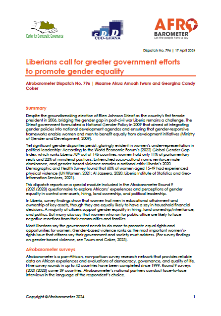 #First2024Publication: Glad to have penned this #genderequality dispatch with @georginacoker. 
Two-thirds (67%) of Liberians say the government should do more to promote equal rights and opportunities for women, and rightly so! 

Read more here: bit.ly/3xxStBW
#Liberia