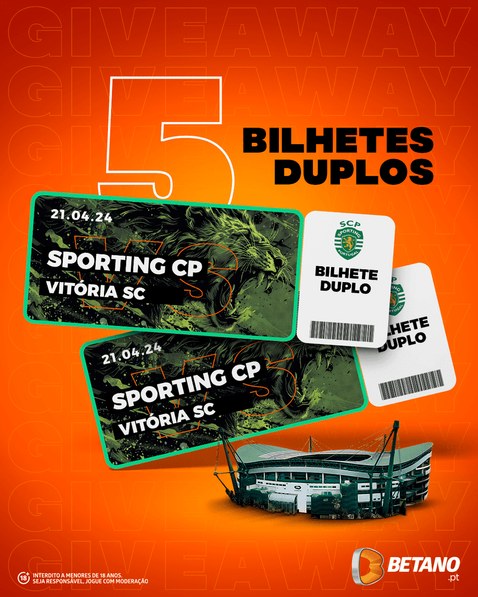 Temos 5️⃣ bilhetes duplos para o @sportingcp x Vitória SC

Para ganhares, só tens de:

➡️ Seguir a <a href="/Betano_PT/">Betano Portugal 🔞</a>
➡️ Like, RT e marcar 3 amigos

⚠️ Termina dia 19/04 às 18h00. Anunciamos os vencedores até às 19h00.