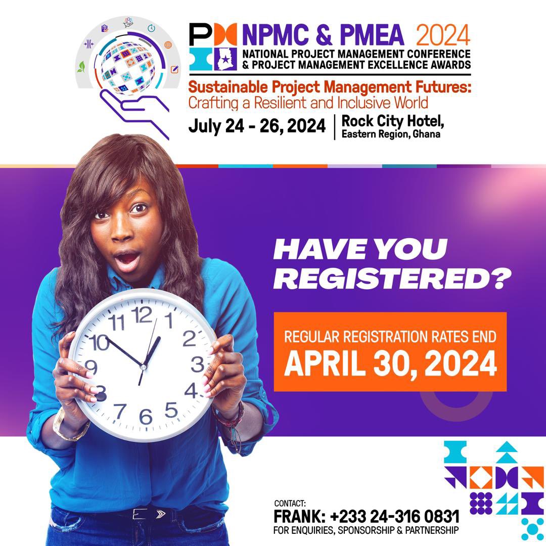 PMIGHChapter's tweet image. 🌟 REGULAR RATE CLOSING SOON ! 
Register here: forms.gle/3tKuvVL3zBPttm…
Catch a glimpse of a session from 2023: youtu.be/hEvfmemY-WY?fe…  

#PMIGhanaChapter 
#NPMC
#PMEA
#SustainablePM 
#Conference 
#Networking