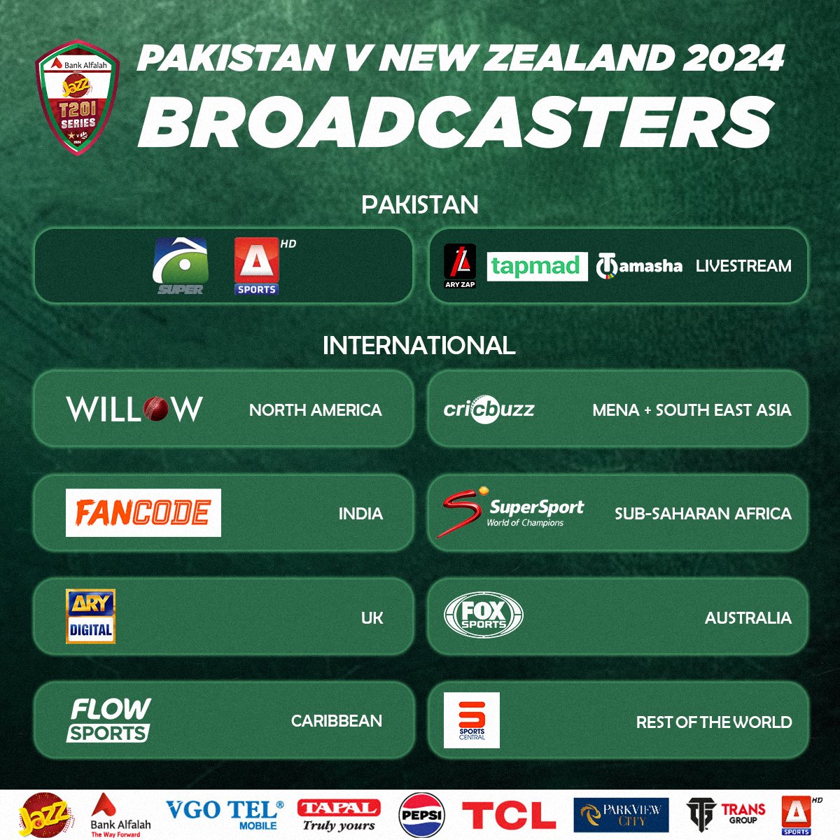 TheRealPCB's tweet photo. 🚨 List of Broadcasters 🚨

📺 Check out where you can watch the Bank Alfalah Presents Jazz Pakistan vs New Zealand T20I Series 2024 live!

#PAKvNZ | #AaTenuMatchDikhawan https://t.co/CJtnuQ5xCD