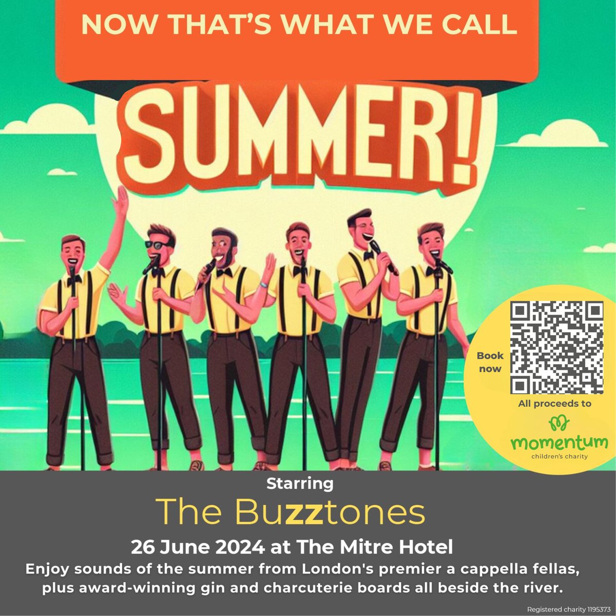 Join us for a delightful summer evening beside the River Thames at The Mitre hotel. @TheBuzztones , London's acclaimed a cappella group, will serenade you with a captivating performance of classic hits. 📷 Book your ticket here tickettailor.com/.../momentumch…