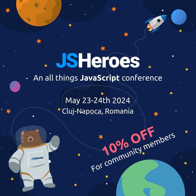 Next month, our friends at @JSHeroes (jsheroes.io) are having the 6th edition of the conference! Join the Heroes on the 23th and 24th of May 2024 in Cluj-Napoca, Romania 🇷🇴 As a friend community we have a 10% discount for you to enjoy: ti.to/jsheroes/2024/…