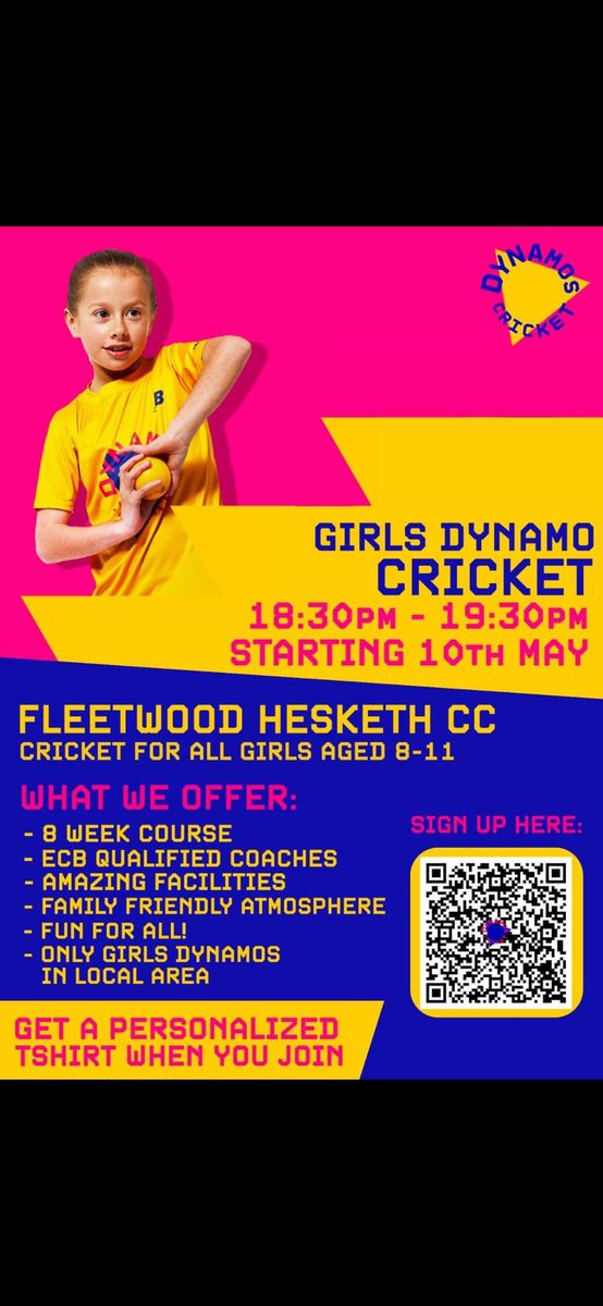 A very welcome re-introduction to Girls ONLY #DynamosCricket for the 2024 season🏏

Sign Up Link:

ecb.clubspark.uk/Dynamos/BookCo…

Hurry before it's too late!
#ThisGirlCan 
@FoxesHesketh 🦊🏏