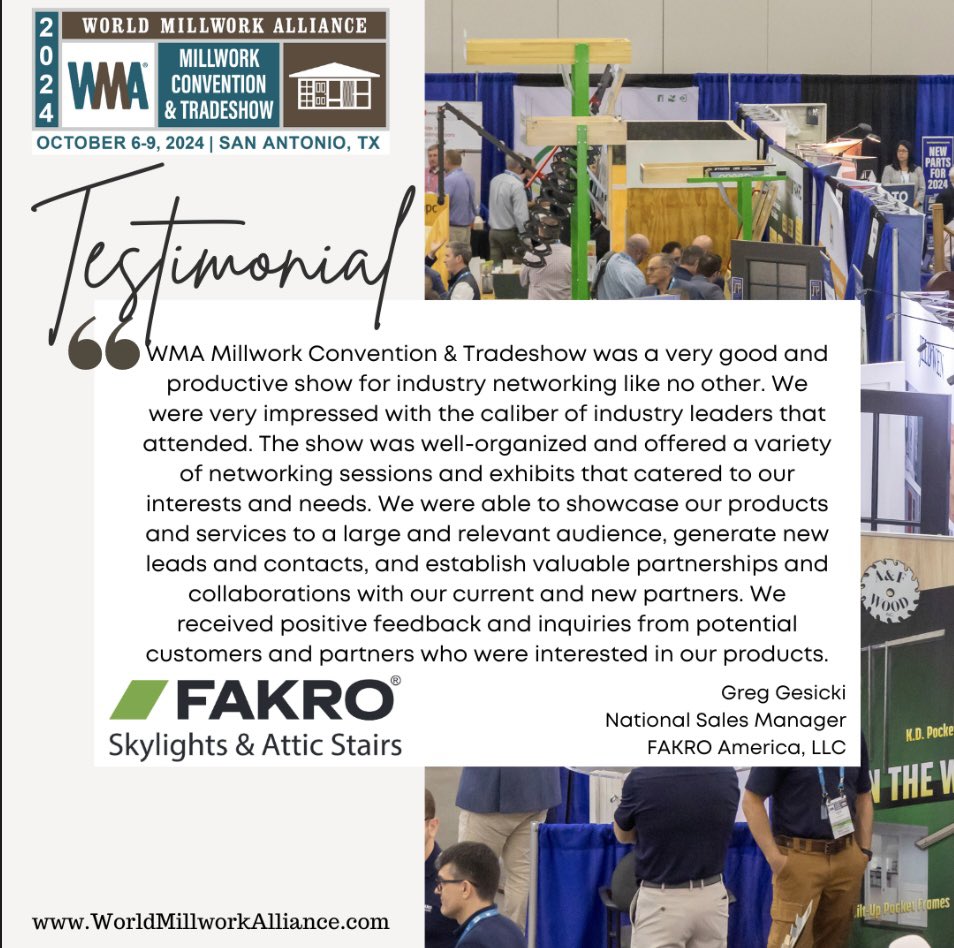 Why exhibit at the 2024 WMA Millwork Convention & Tradeshow?  Don’t take our word for it – ask our members!   Learn more about exhibiting at worldmillworkalliance.com/2024-exhibitor…   #WMA #WorldMillworkAlliance #2024WMAShow #Testimonial