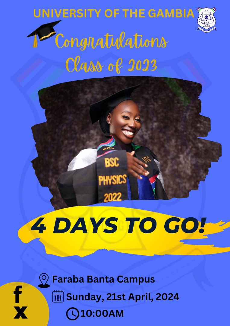 Excitement is building as we gear up for the 16th Convocation Ceremony at UTG Faraba Campus! 
Just 4️⃣ days to go until we celebrate the achievements of our graduates. 

Stay tuned for updates and join us as we honor their hard work and dedication! 

#UTGConvocation #ClassOf2023