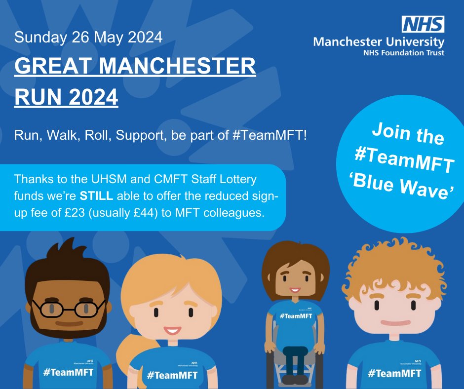 📢 MFT Colleague Message Have you signed up yet? No? What are you waiting for? Over 100 of you already have! Join colleagues for the Great Manchester 10k Run on Sunday 26 May. MFT colleagues can sign up at mft.nhs.uk/team-mft-gmr at the reduced fee of £23. #TeamMFT