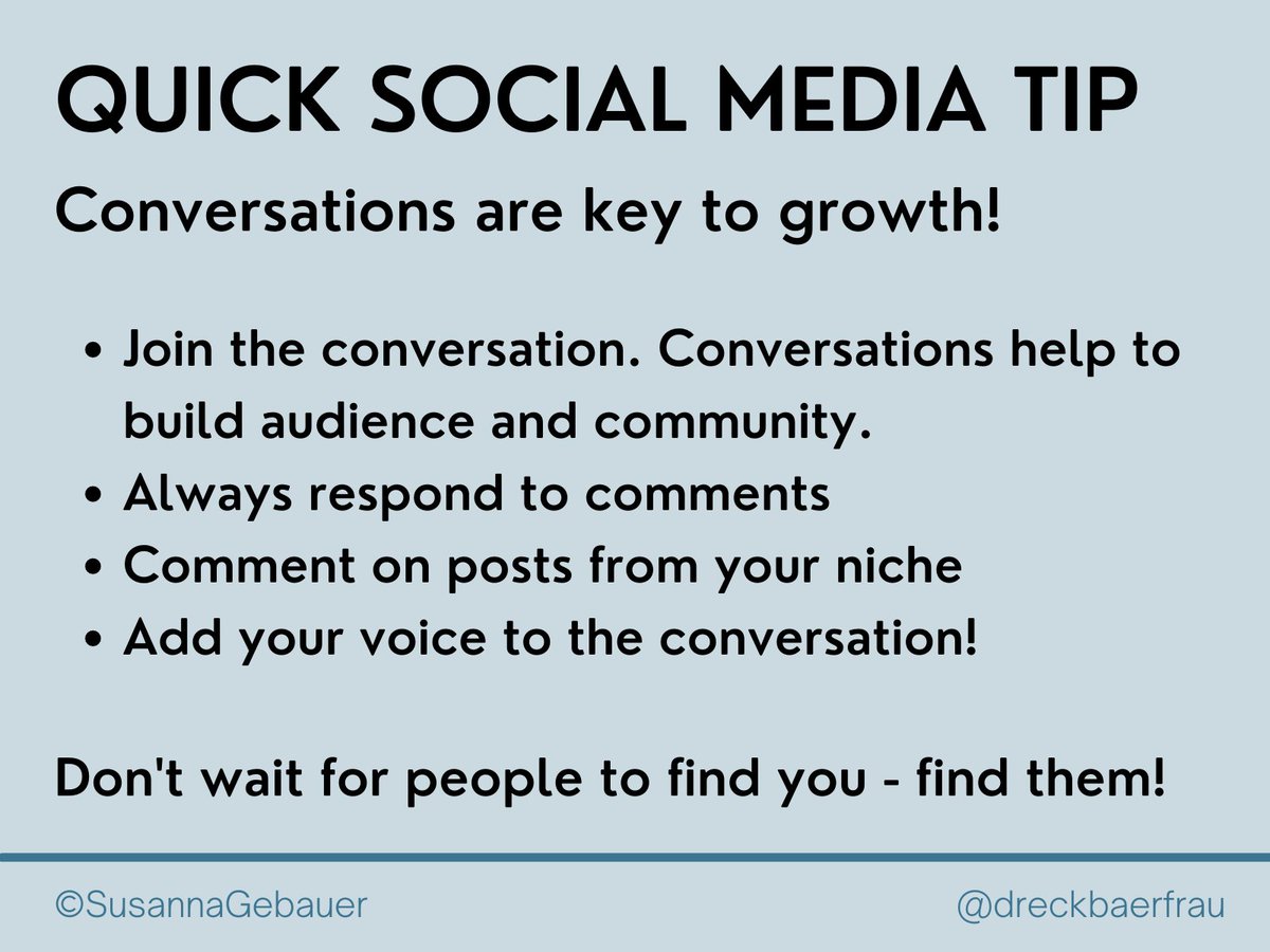 Conversations are your big opportunity to get visible in your niche even if you don't have many followers (yet). Comment on posts from your niche, add your voice. Learn more about Twitter conversations here: susannagebauer.com/blog/twitter-c…