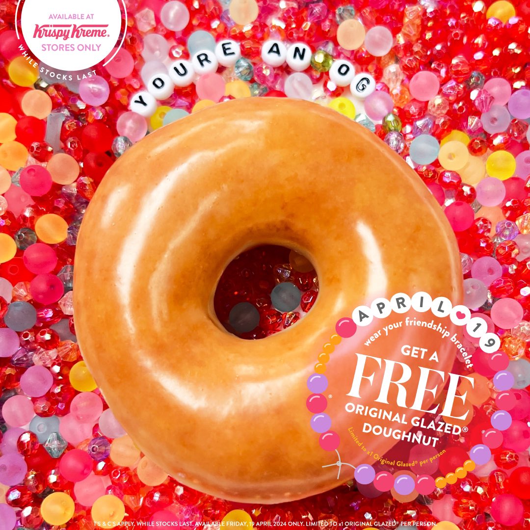 Show off your friendship bracelet in-store on Friday, 19th of April 2024 and enjoy a FREE Original Glazed® doughnut on us! 😍 Swiftly find a store near you: krispykremesa.com/store-locator/…