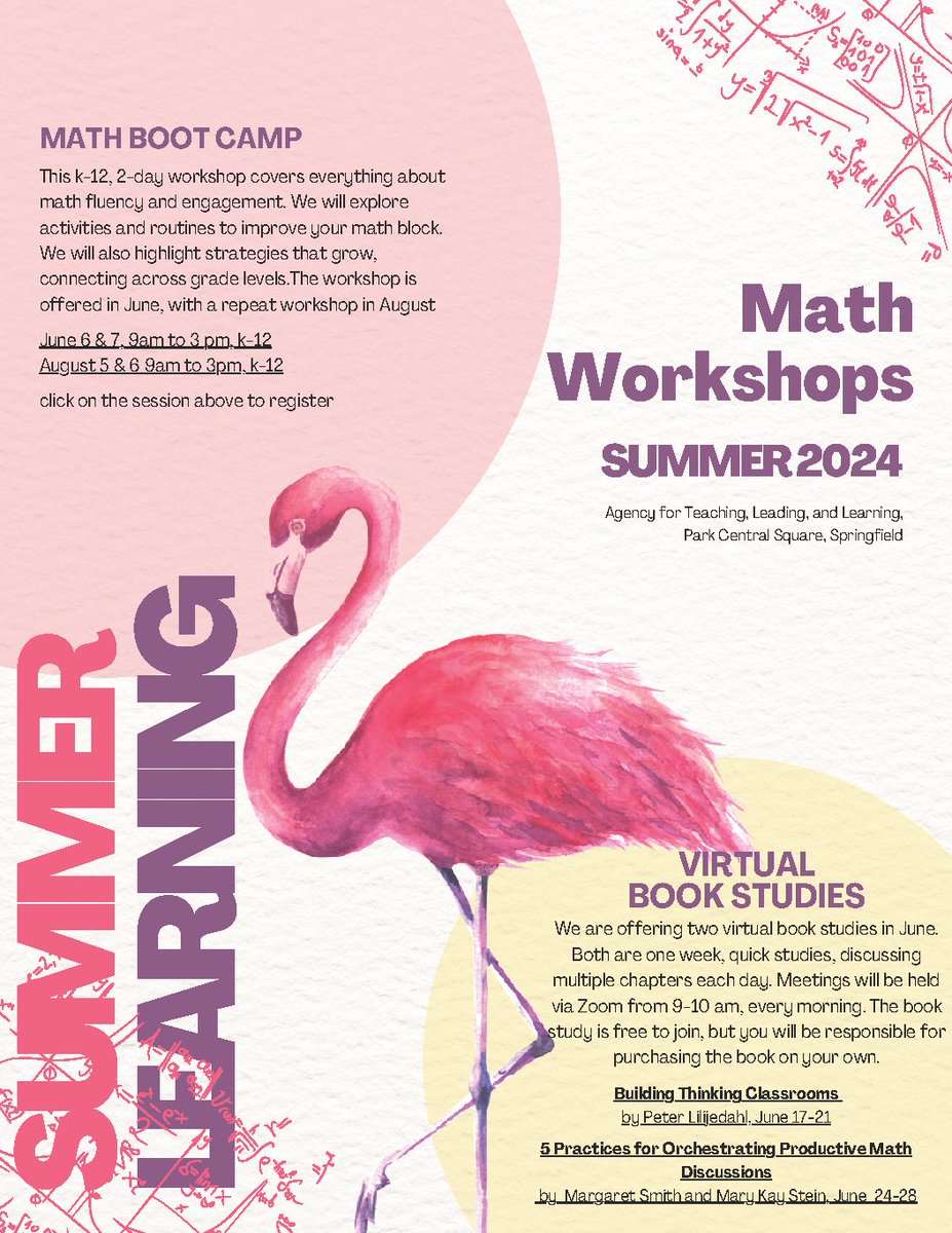 For more information and to register: June 6&7 Math Boot Camp: bit.ly/4aNb5wd August 5&6 Math Boot Camp: bit.ly/49qQexv Building Thinking Classrooms Virtual Book Study: bit.ly/43U3tWD 5 Practices Virtual Book Study: bit.ly/3vBdwmN