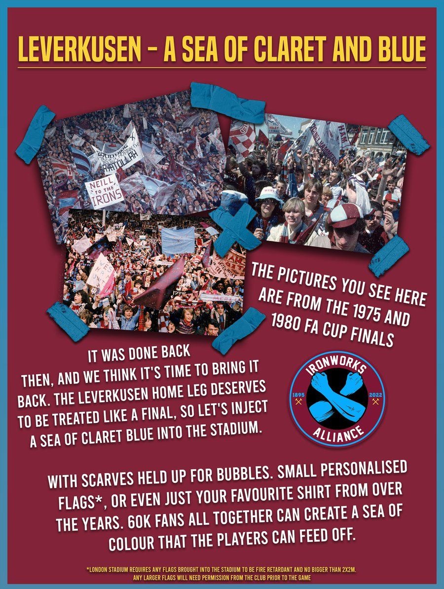 THIS 👇. We must do our part to stand a chance. Both vocally and visually, we have to drive them on and create another Seville atmosphere. We have to believe. Bring your voices, your scarves, your away day flags, your favourite jersey. We can create a claret and blue sea. ⚒️