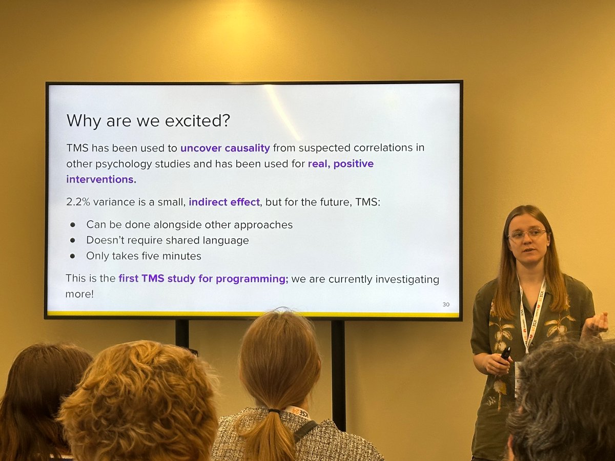 fakhourysm's tweet image. Kaia Newman presenting the first TMS experiment in SE. TMS seems to be a promising tool to investigate causality of programming outcomes!  #icse2024