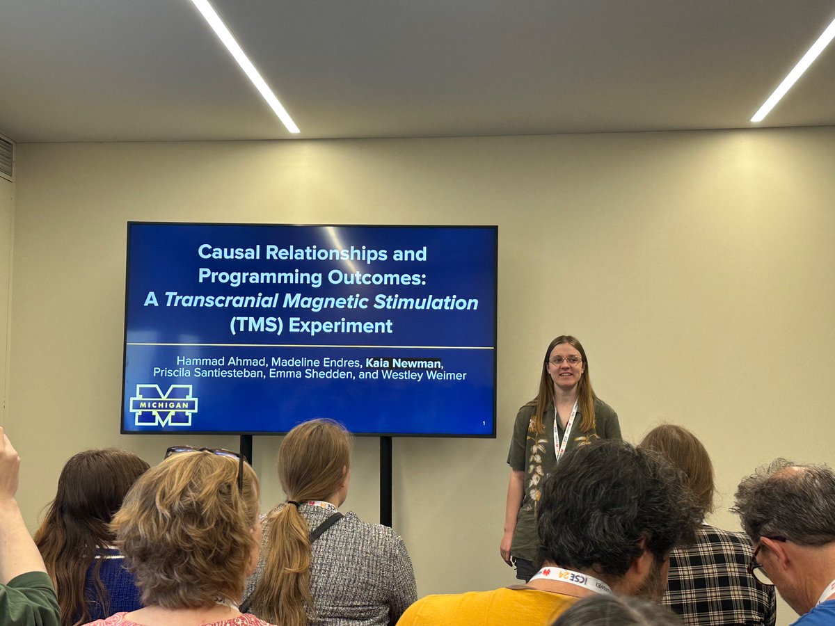 fakhourysm's tweet image. Kaia Newman presenting the first TMS experiment in SE. TMS seems to be a promising tool to investigate causality of programming outcomes!  #icse2024