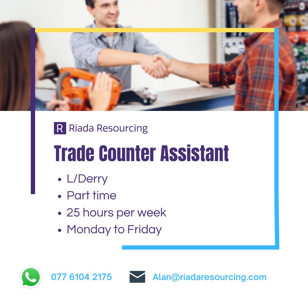 Trade Counter Assistant - L/Derry 📍 Would you like to secure a part time role with a leading agricultural / manufacturing business? WhatsApp 'Trade Counter' to 07761042175 to find out more or apply online 📲 vacancies.riadaresourcing.com/vacancies/3439… #nijobs