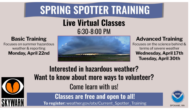 Spotter training continues this month, and there's an Advanced Spotter class this evening, April 17th at 6:30pm. Register on the NWS Spokane web page at weather.gov/spokane #wawx #idwx