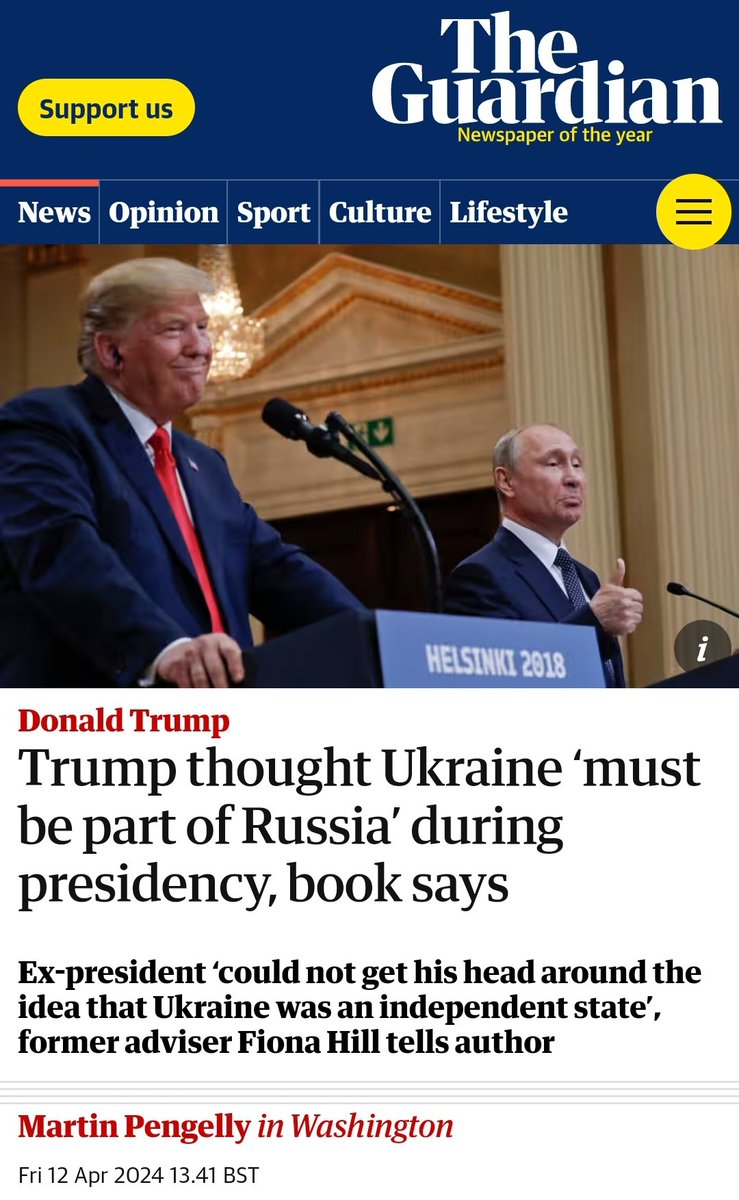 Trump thought Ukraine ‘must be part of Russia’ during presidency, book says

Ex-president ‘could not get his head around the idea that Ukraine was an independent state’, former adviser Fiona Hill tells author

Now think of all the Brexit politicians who have licked Trump's boot.…
