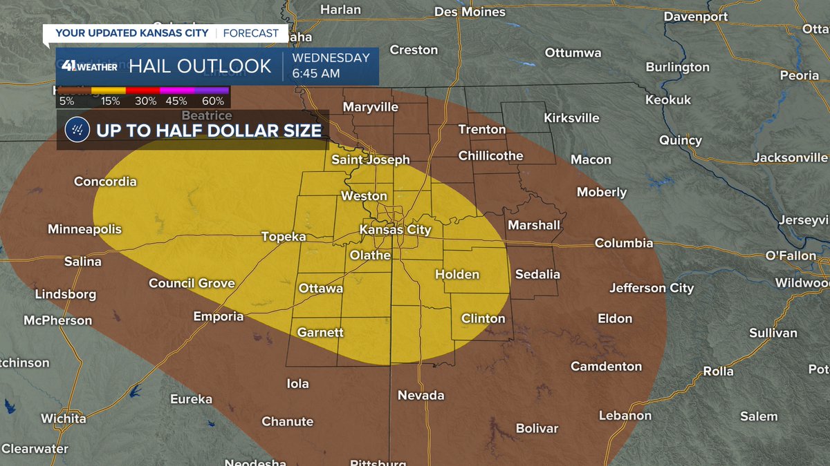 A few isolated strong to severe thunderstorms will develop overnight, mainly from 12am-5am. Not everyone will get a storm, but the better chance is in the area highlighted in yellow. Any storm may be capable of producing large hail & strong winds. @kshb41