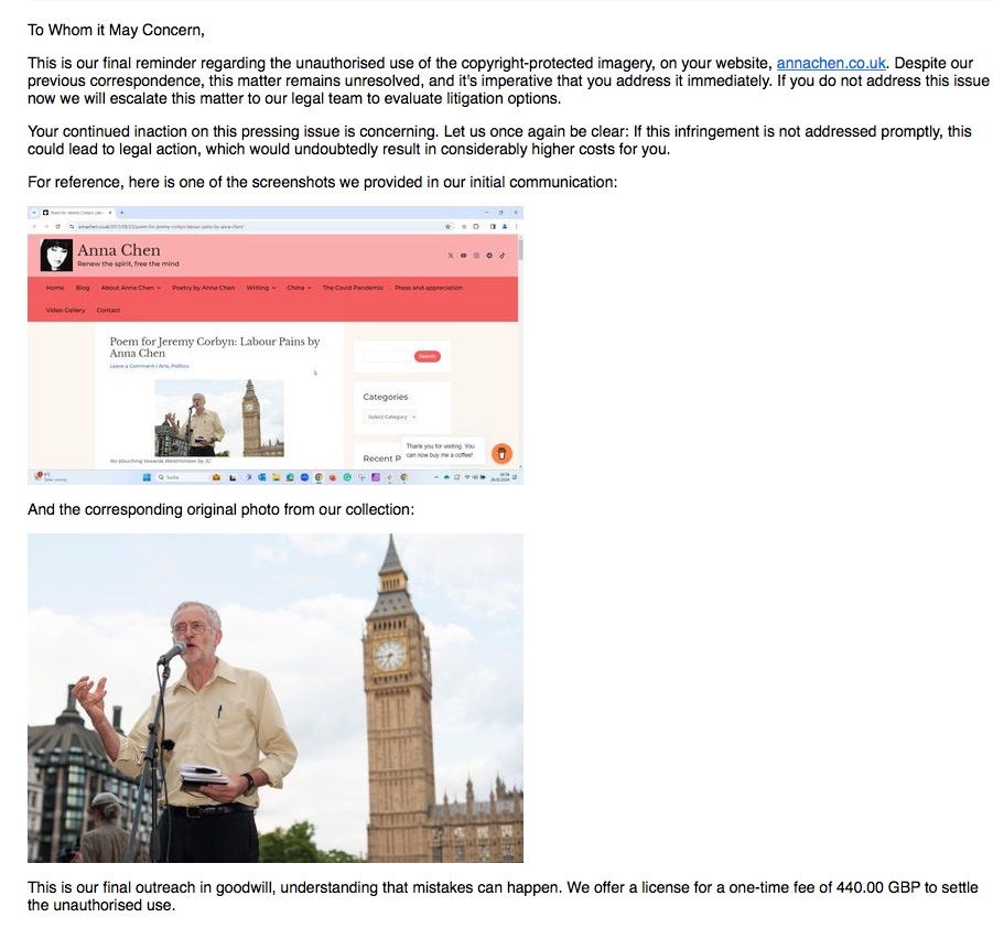 I'm being sued by Alamy for using 3 photos (now down) on my blog: Jeremy Corbyn, Boris Johnson & Julian Assange. You may know: not only do I not make any money from my work, I've lost income due to my politics. They want £1,500. Can someone pls offer advice? Thank you.