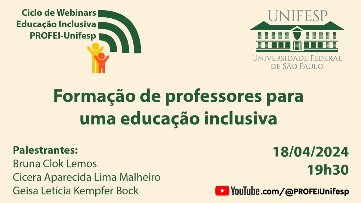unifesp's tweet photo. Evento tratará sobre formação docente, trabalho colaborativo e design universal para a aprendizagem (DUA), buscando contribuir com o debate e o aprimoramento docência para a #inclusão. Inscreva-se: https://t.co/ea5QMEgswU. #unifesp #somosunifesp #profei #educação #formaçãodocente https://t.co/RmPgUXgNuj