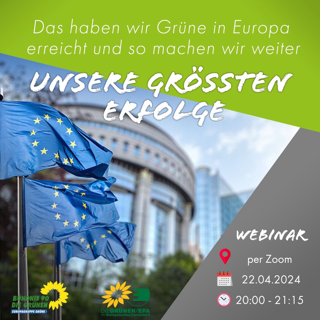 💚🇪🇺 Die Grünen Europaabgeordneten resümieren die größten Erfolge der letzten 5 Jahre und geben einen Ausblick auf die kommende Legislaturperiode im Europäischen Parlament. 💻 Sei dabei und registriere dich hier: us02web.zoom.us/webinar/regist…