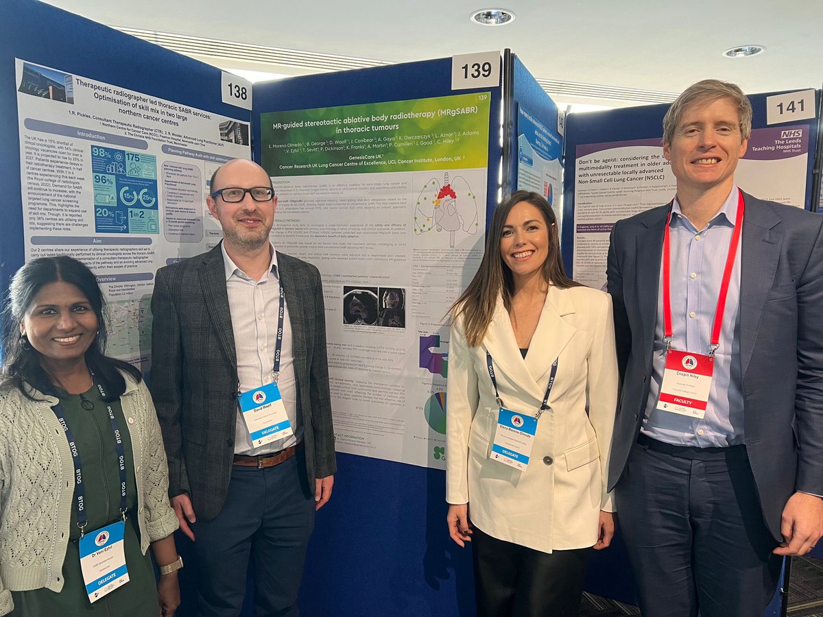 Presenting our poster on ‘MR-guided stereotactic ablative body radiotherapy (MRgSABR) in thoracic tumours’ with the team at #BTOG2024! Treatment in breath hold makes treating central and ultra central disease safer with less side effects for patients. @GenesisCare