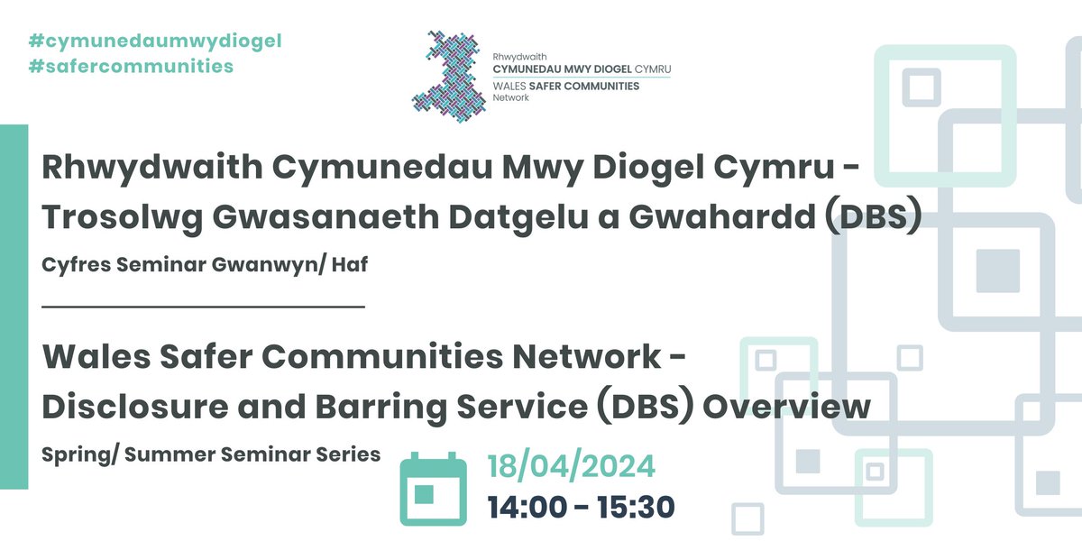 📣There is still time!! You can still register to join us for the Disclosure and Barring Service (DBS) Overview tomorrow from 14:00! Follow the link to register and find out information about all the other seminars in the Spring/ Summer series. safercommunities.wales/spring-summer-…