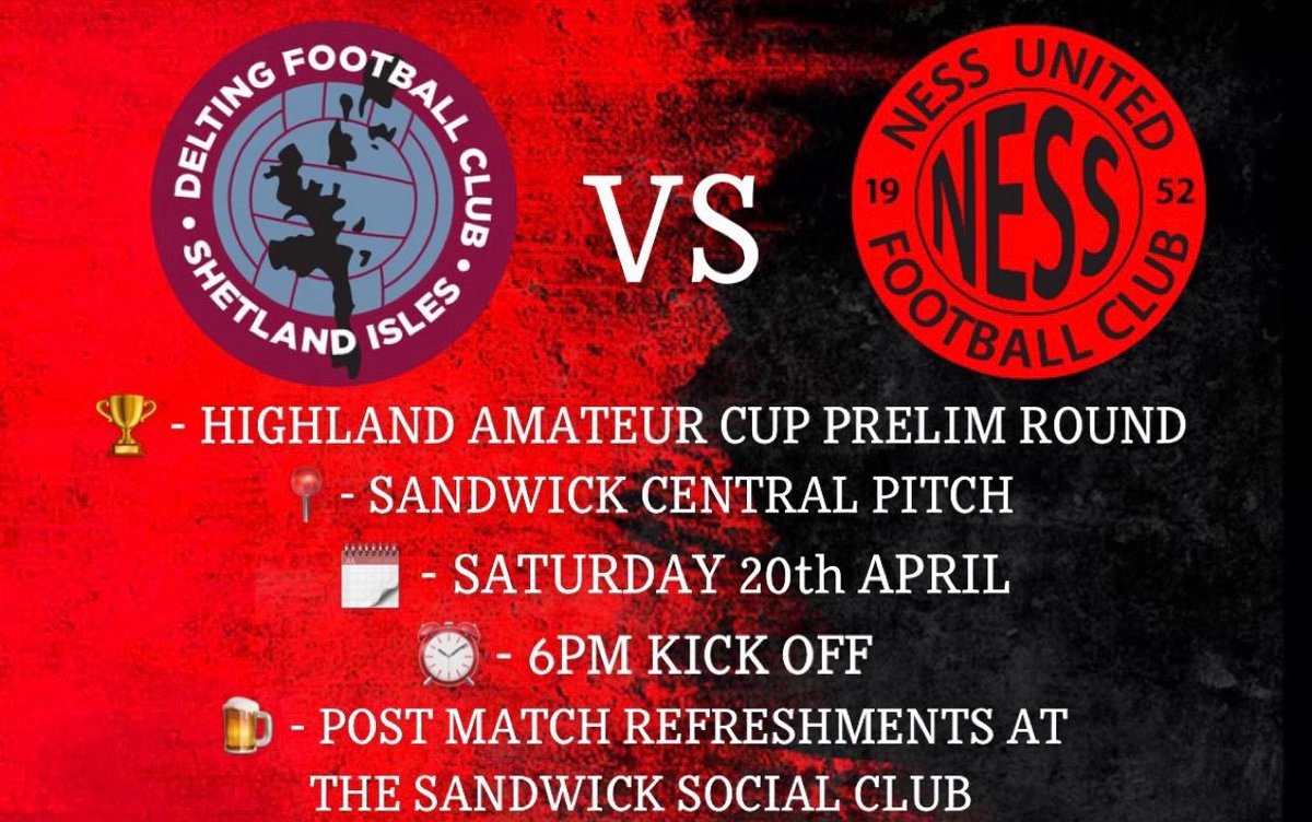 <a href="/NessUtd/">Ness United</a> start their 2024 #HAC campaign with a prelim tie against <a href="/Delting_FC/">Delting FC</a>  this Saturday 20.4.24 <a href="/highlandamcup/">Highland Amateur Cup</a> <a href="/ShetlandFootbal/">Shetland FA</a> <a href="/scottish_aff/">AmateurFixturesResultsSCO</a> <a href="/ScotAmFA/">Scottish Amateur FA</a> <a href="/FitbaFanatics/">FITBA FAN-ATICS 🏴󠁧󠁢󠁳󠁣󠁴󠁿⚽</a>