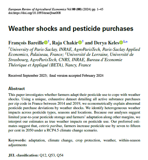 RajaChakir3's tweet photo. I am so happy to share that our paper "Weather shocks and pesticide puchases" with @FBareille and Derya Keles is now published in the European Review of agricultural Economics see our 🧵 ⤵️
@EAAE_News 
https://t.co/InVGyMsTQX https://t.co/bYhOtHnitX