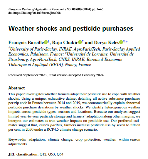 I am so happy to share that our paper 'Weather shocks and pesticide puchases' with @FBareille and Derya Keles is now published in the European Review of agricultural Economics see our 🧵 ⤵️ @EAAE_News academic.oup.com/erae/advance-a…