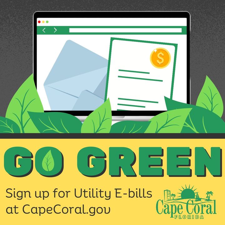 Go Green with Paperless Bills! Join us in saving paper by switching to electronic utility bills. It's easy: 1️⃣ Log in to Citizen Self-Service Portal. 2️⃣ Link your account & choose 'Email' for bill delivery. That's it! Help us make Cape Coral more eco-friendly. 🌿 #PaperlessBills