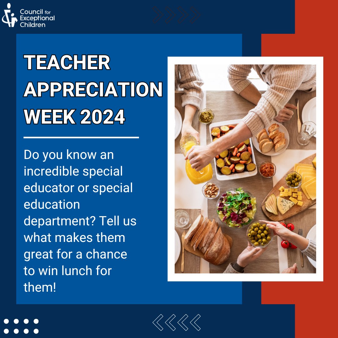 Do you know an incredible special educator or special education department? Tell us what makes them great for a chance to win lunch for them during Teacher Appreciation Week! Nominations are due by 4/22. cec1785.wufoo.com/forms/qyn7ks30…