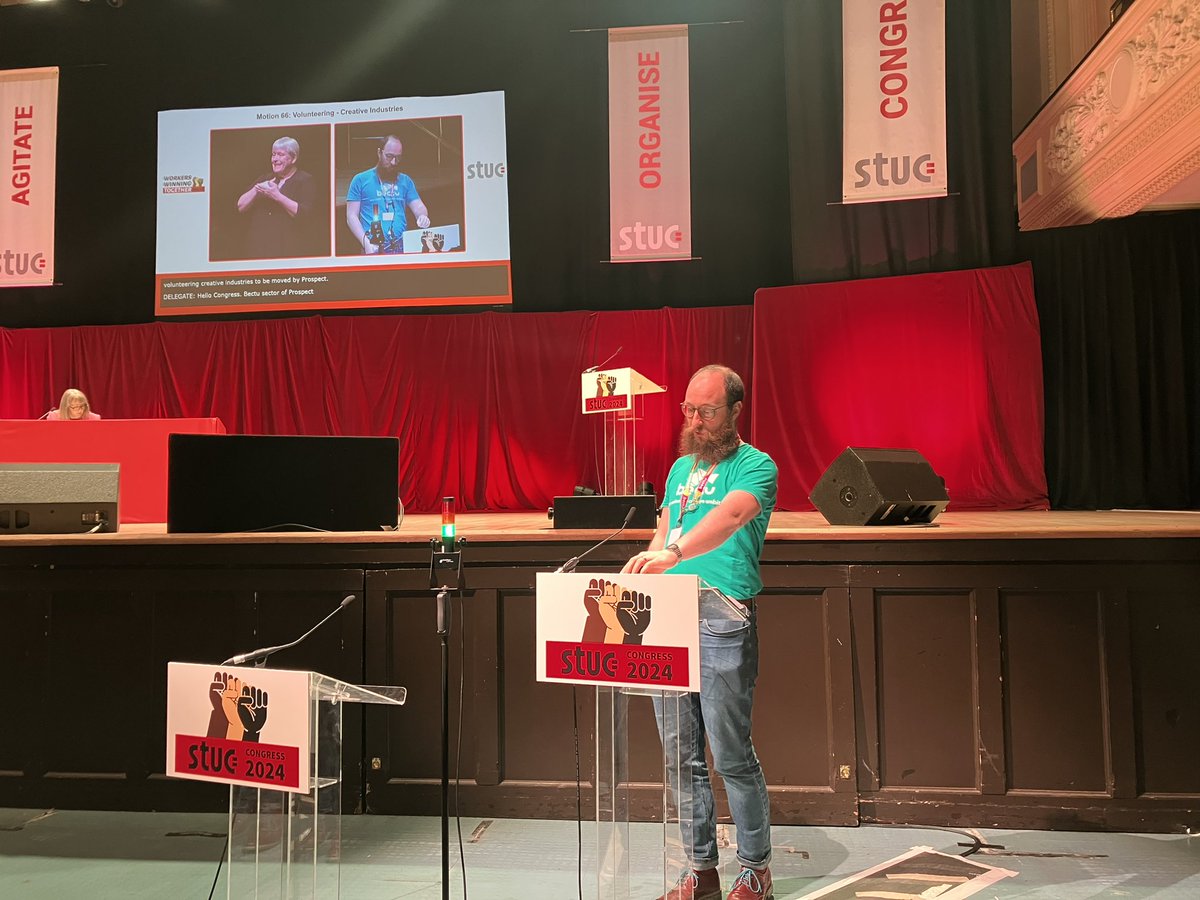 First time delegate and first time speaker @bectu sector rep Mike Collier-Prickett successfully moves @ProspectUnion’s motion on Volunteering in the Creative Sector at #STUC24