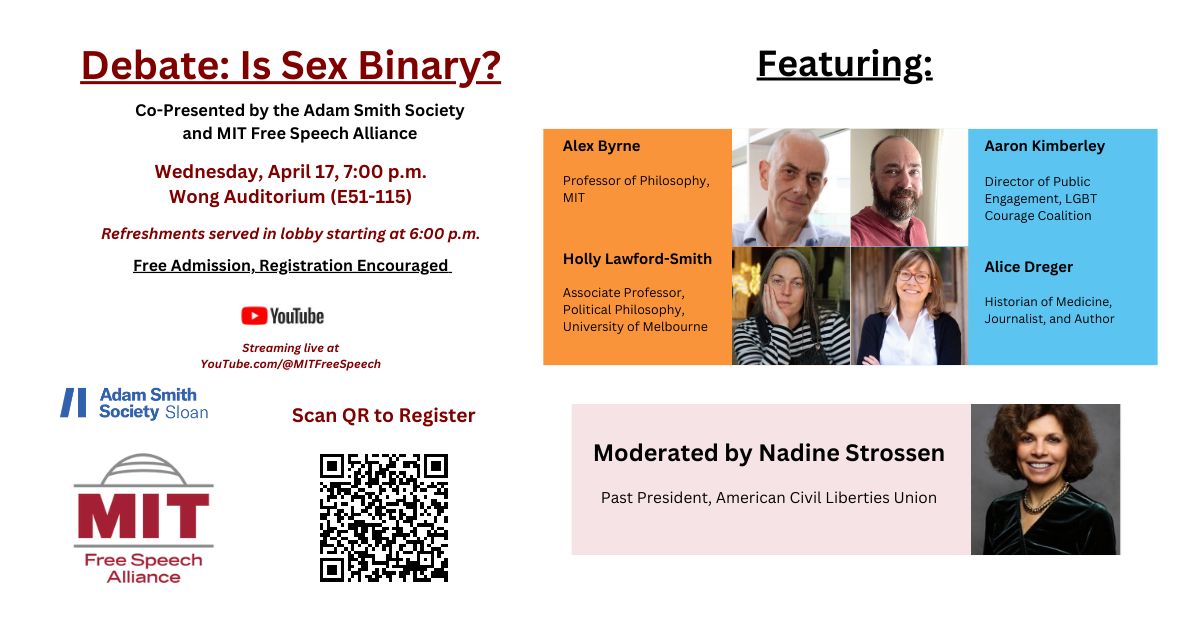 Our debate on sex and gender is today! It's not too late - there are two ways you can watch: 1. Attend in person at MIT's Wong Auditorium! Register here for free: buff.ly/4csk6fS 2. Tune in to the livestream on our YouTube channel at this link: buff.ly/3PBaWUn