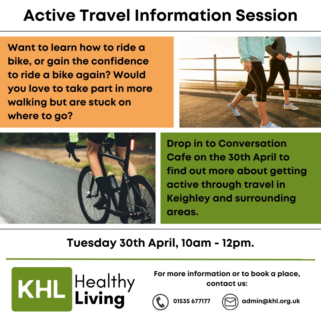 Get moving #Keighley! Drop in to our Active Travel session on Tuesday 30th April for ideas on how to get started🏃‍♀️🚴‍♂️💚