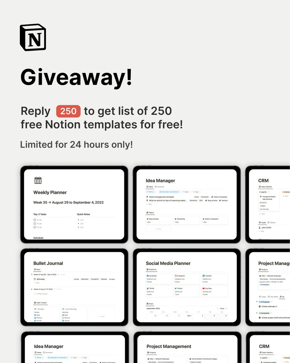I collected over 250 FREE Notion templates! Inside, you will find Habit Trackers, Finance Trackers, Task Managers, Planners, and so much more... RT and reply with '250' and I'll DM it to you. (need to follow)