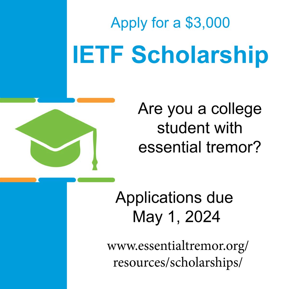 If you are a college student with essential tremor, be sure to get your application in for one of our $3,000 scholarships. May 1 is the deadline to apply. Students in trade schools and graduate and doctoral programs also qualify. Learn more on our website. bit.ly/3gxBMZ3