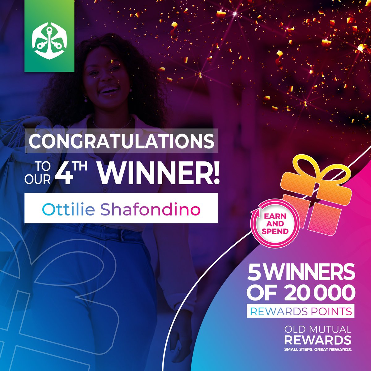 🌟 Another winner in the house! 🎉 Congratulations on scoring 20 000 rewards points, courtesy of Old Mutual Rewards! 💰 Your future just got a little brighter – keep aiming high and enjoy your well-deserved prize! #TreatYourself #WinnerAlert #OldMutualNamibia