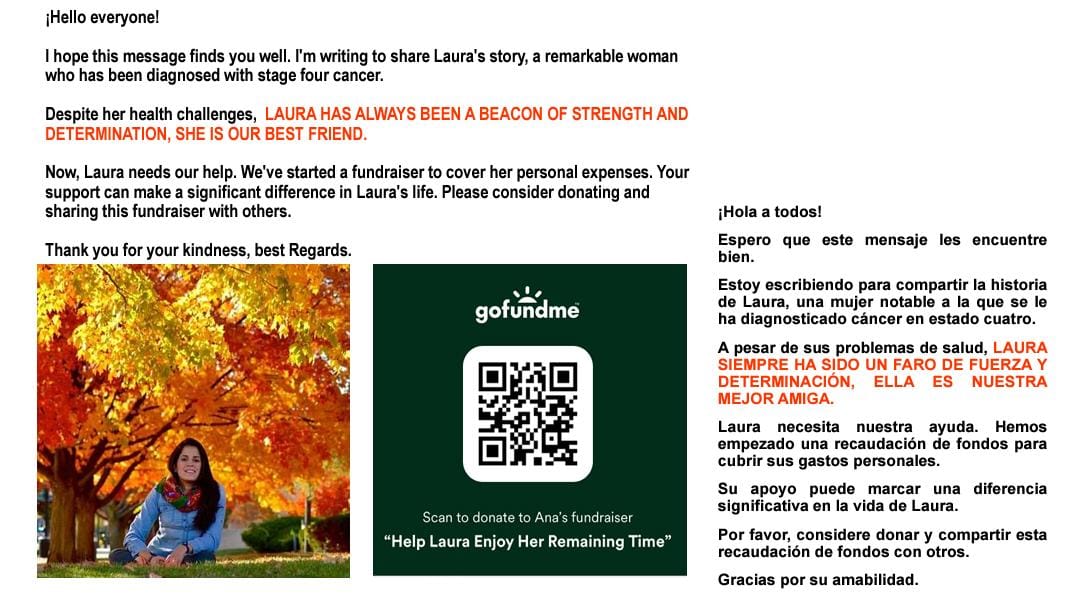 Hello everyone!
Hola a todos quiero que conozcan la historia de Laura, ella es la mujer más inteligente, increíble que pueden conocer. Ella es mi mejor amiga y está enfrentando un cáncer en una etapa 4. Este es el  link por si pueden donar y/o compartir:  gofund.me/7054e4a8