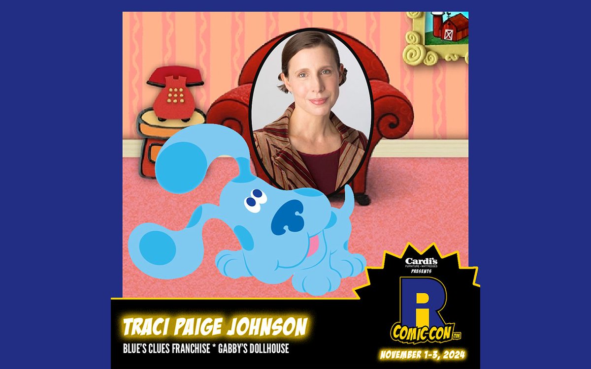 We are honored to continue #BluesClues week by welcoming the co-creator and the voice of Blue, @TraciPJohnson to #RICC2024! She's also the co-creator of Gabby's Dollhouse. Buy your tickets now to meet her and come back tomorrow to see who's next!