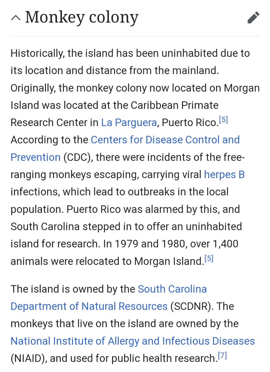 The NIAID has a colony of free-range Herpes-infected monkeys on Morgan Island 'for public health research'. They escaped from a research lab in Puerto Rico & we're relocated to Morgan Island. What could go wrong?
en.m.wikipedia.org/wiki/Morgan_Is…