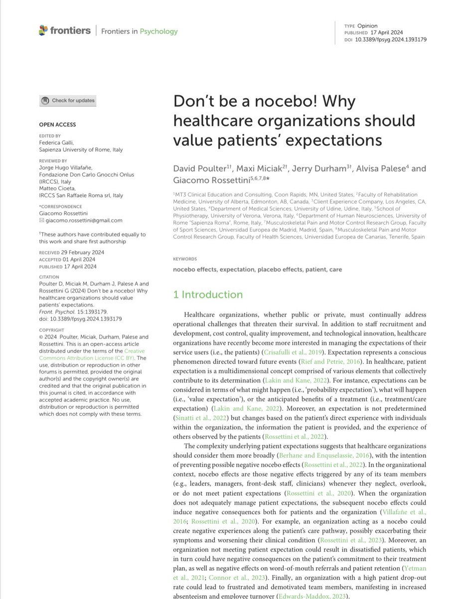 Our paper has just been published open access. frontiersin.org/journals/psych… Don't be a nocebo! Why healthcare organizations should value patients' expectations’ Kudos @GiacomoRoss86 @MaxiMiciak @Jerry_DurhamPT
